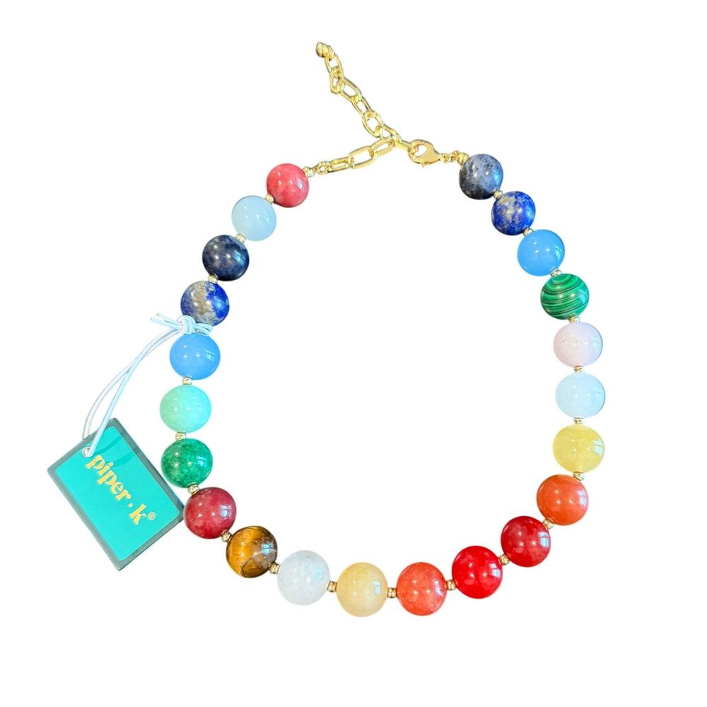 Piper K Genuine Gemstones Rainbow Beaded Collar Necklace (NWT) blue green red